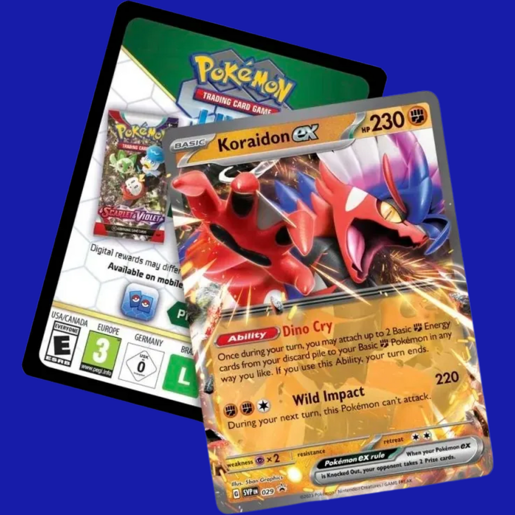 Pokémon TCG: Paldea Legends Tin – Koraidon ex contents with foil promo card and Pokémon TCG Live code card, displayed on a blue background.