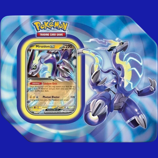 Front of Pokémon TCG: Paldea Legends Tin – Miraidon ex featuring foil promo card and dynamic artwork of the futuristic Legendary Pokémon Miraidon.