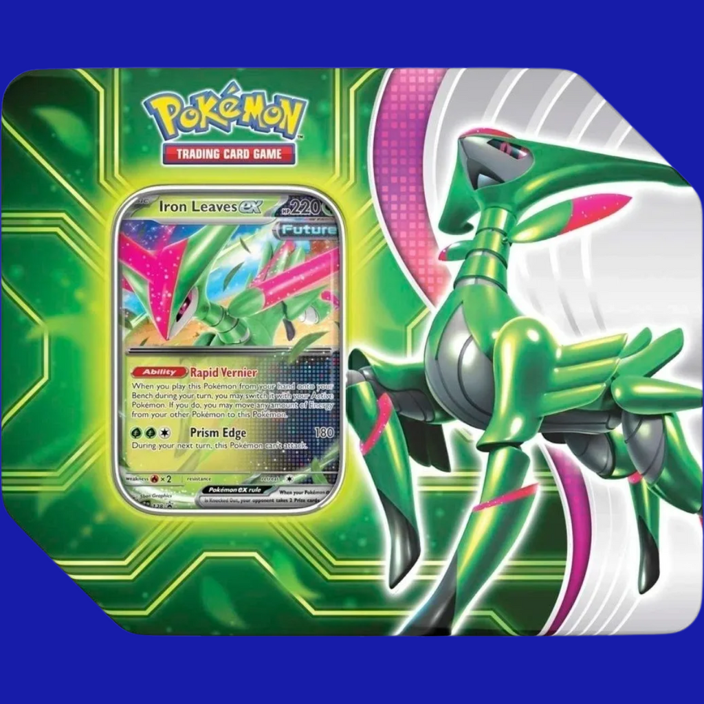 Front of Pokémon TCG: Paradox Clash Tin – Iron Leaves ex showing Iron Leaves artwork and foil promo card sealed in display window.