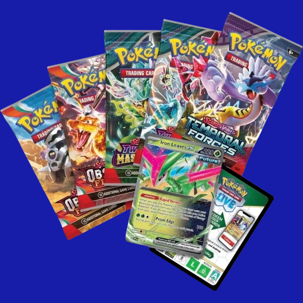 Pokémon TCG: Paradox Clash Tin – Iron Leaves ex contents with foil promo card, Pokémon TCG Live code, and booster packs from Temporal Forces, Twilight Masquerade, and Obsidian Flames.
