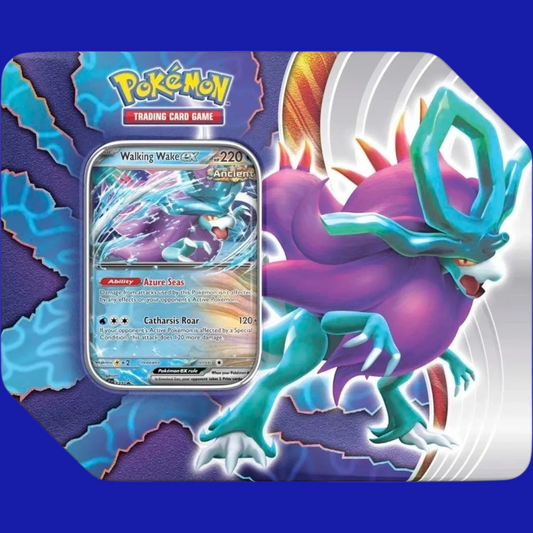 Front of Pokémon TCG: Paradox Clash Tin – Walking Wake ex showing Walking Wake artwork and foil promo card sealed in display window.