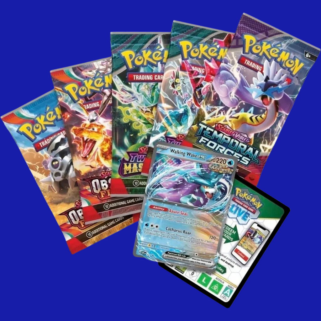 Pokémon TCG: Paradox Clash Tin – Walking Wake ex contents with foil promo card, Pokémon TCG Live code, and booster packs from Temporal Forces, Twilight Masquerade, and Obsidian Flames.