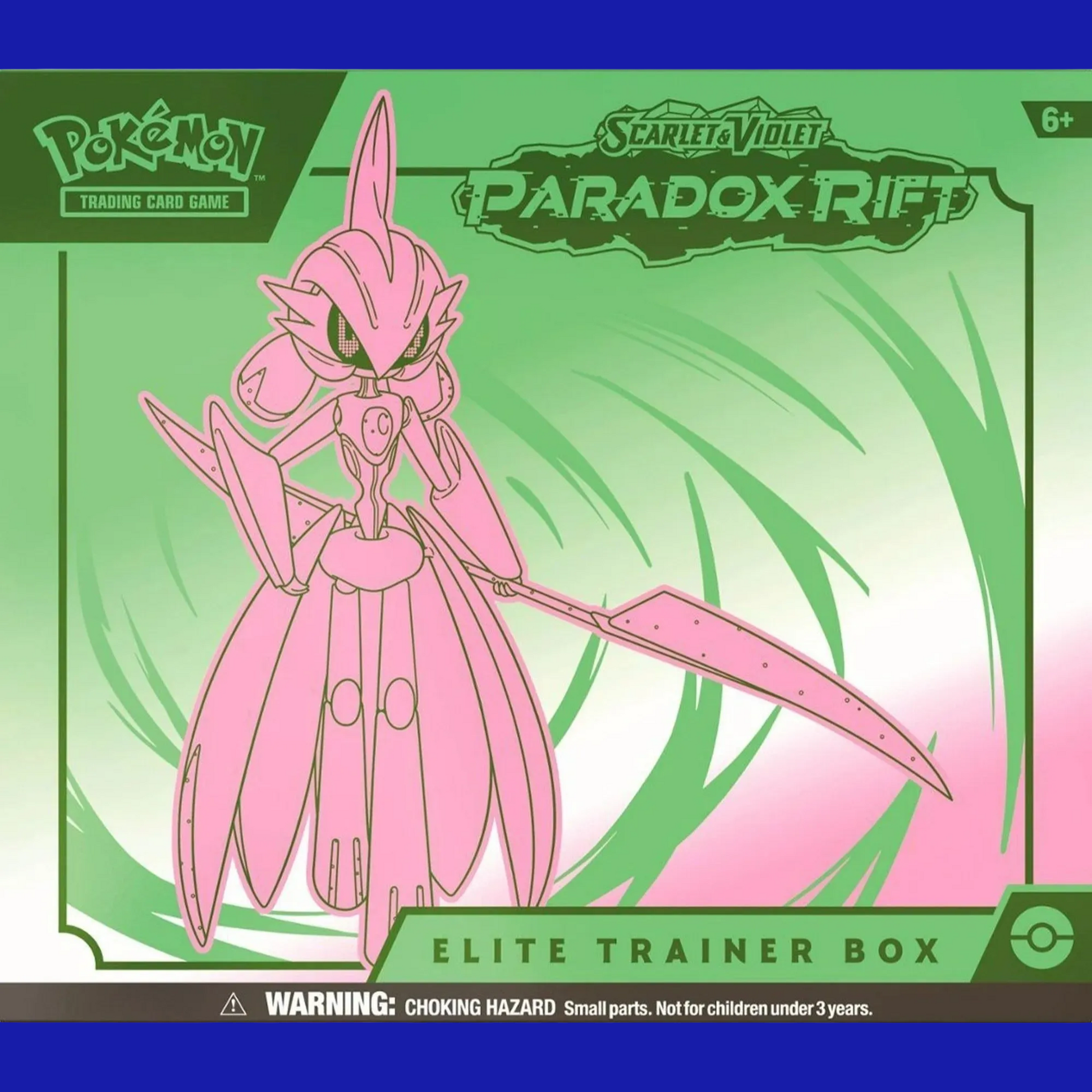 Front view of Pokémon Scarlet & Violet: Paradox Rift Elite Trainer Box featuring Iron Valiant in pink and green packaging – perfect for collectors and players