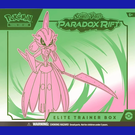 Front view of Pokémon Scarlet & Violet: Paradox Rift Elite Trainer Box featuring Iron Valiant in pink and green packaging – perfect for collectors and players