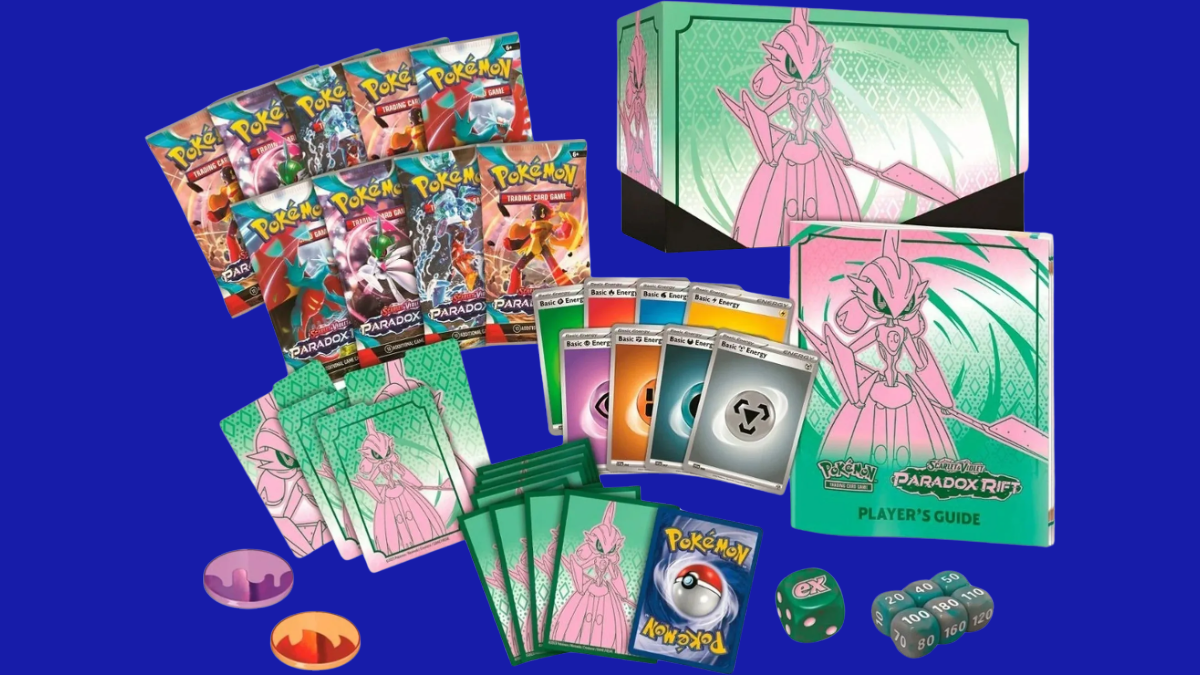 Complete contents of the Paradox Rift Iron Valiant Elite Trainer Box, including 9 booster packs, themed card sleeves, dice, and accessories