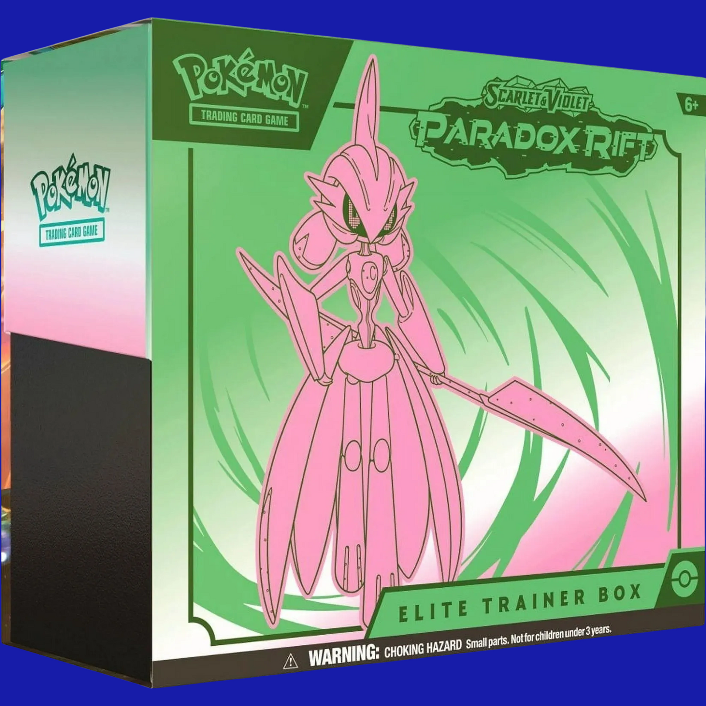 Angled side view of the Iron Valiant Elite Trainer Box from the Paradox Rift set, showcasing its premium packaging and Pokémon branding