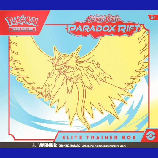 Scarlet & Violet: Paradox Rift Elite Trainer Box featuring Roaring Moon — front box art with bold yellow and blue design
