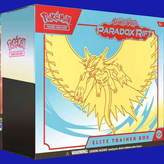 Angled view of the Pokémon TCG Paradox Rift Elite Trainer Box — Roaring Moon edition with dynamic packaging
