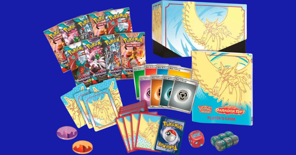 Contents of the Paradox Rift Elite Trainer Box — includes 9 booster packs, card sleeves, energy cards, dice, markers, and player’s guide featuring Roaring Moon