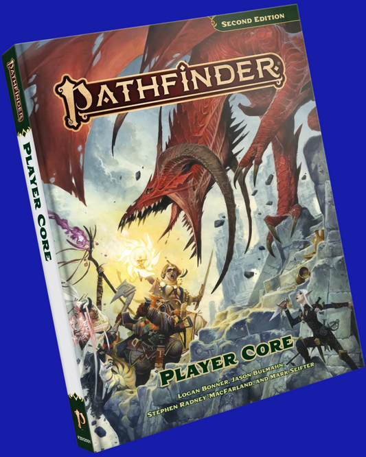 Pathfinder RPG Player Core Rulebook Hardcover - Second Edition | Supreme CCU | Epic fantasy adventure rulebook with heroes battling a fierce red dragon, perfect for tabletop roleplaying games.