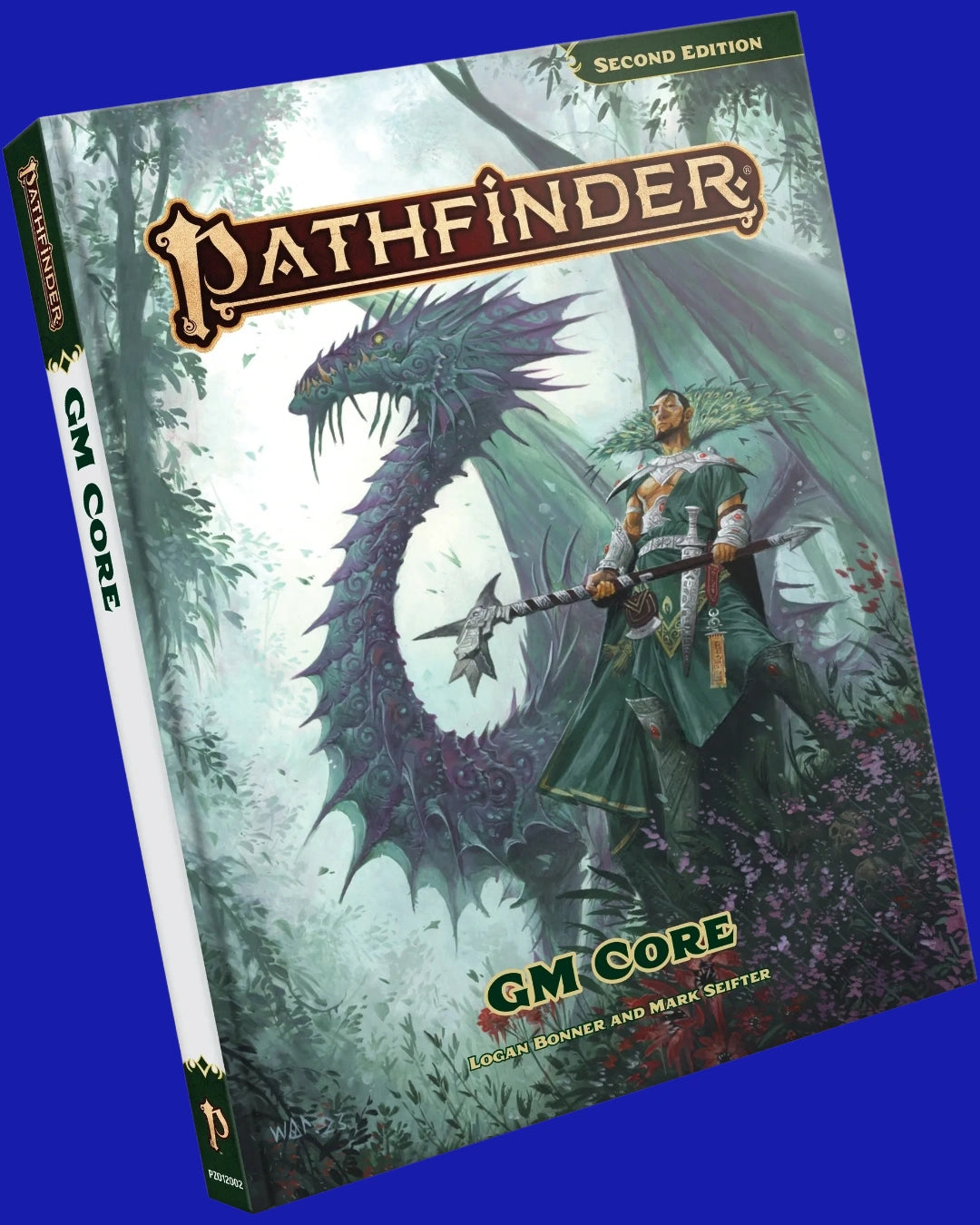 Pathfinder Second Edition GM Core hardcover rulebook featuring cover artwork of a spellcaster wielding a staff alongside a serpentine dragon in a forest.