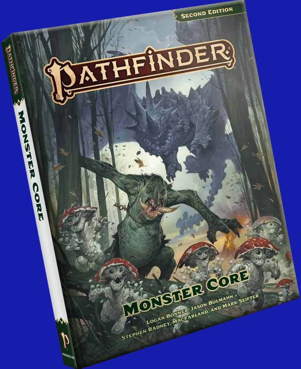 Pathfinder Second Edition Monster Core hardcover rulebook featuring artwork of a troll, fungus leshies, and an adamantine dragon in a dark forest.