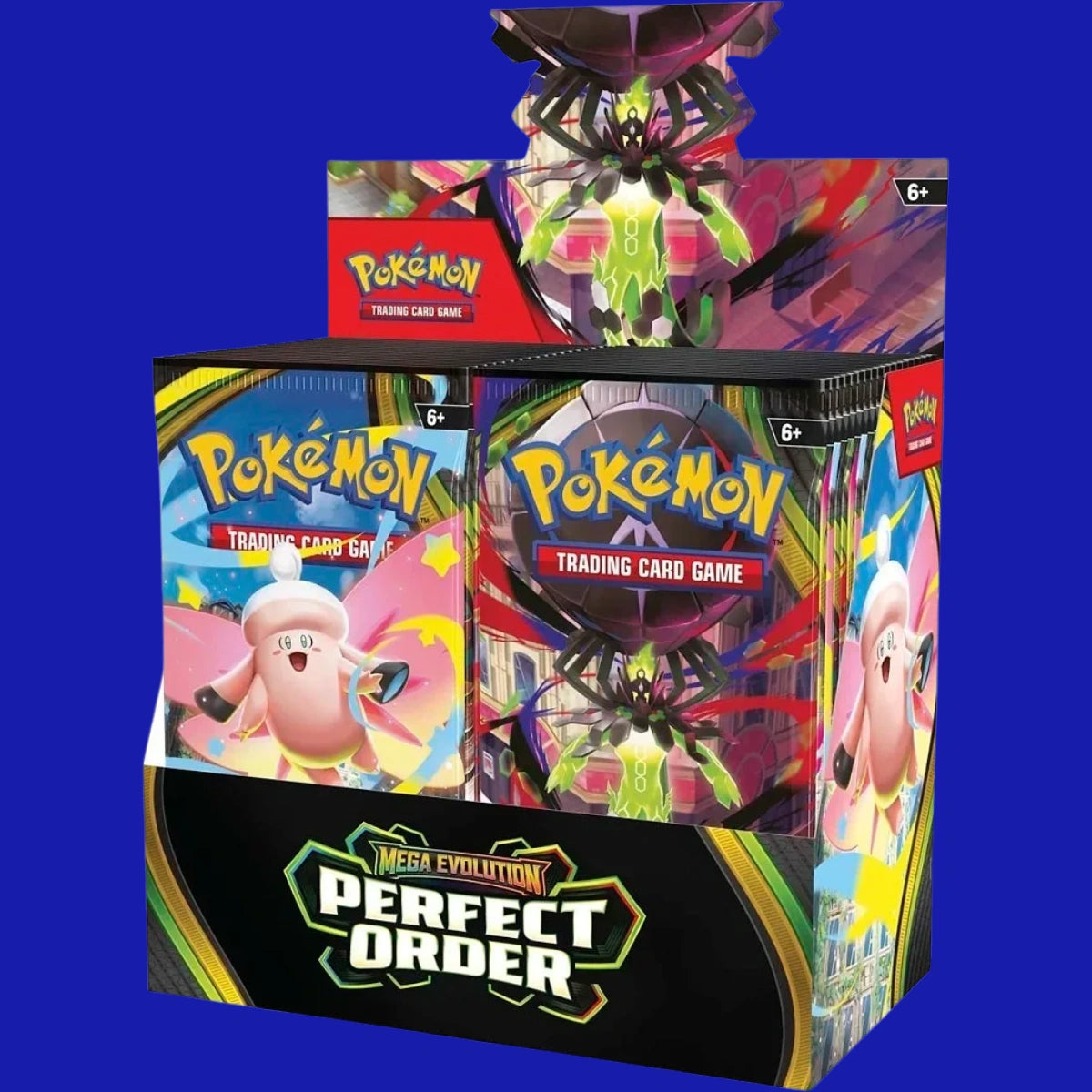 Pokémon TCG Perfect Order Booster Box sealed display with 36 booster packs featuring Mega Zygarde ex and Mega Clefable pack art