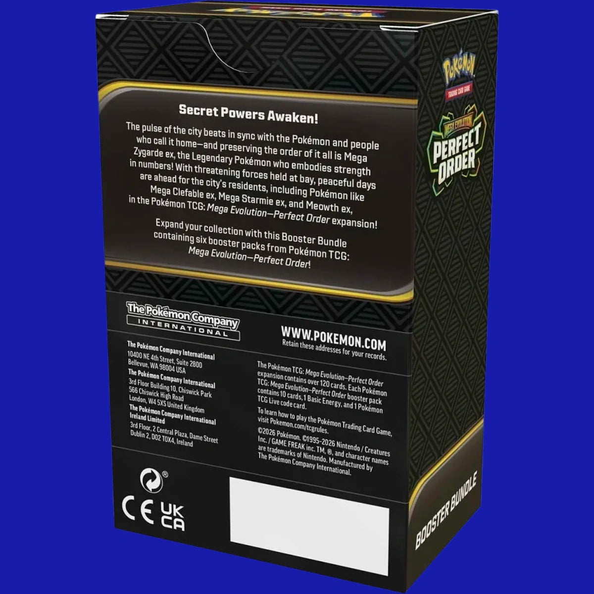 Pokémon TCG Perfect Order Booster Bundle back panel showing product details and contents