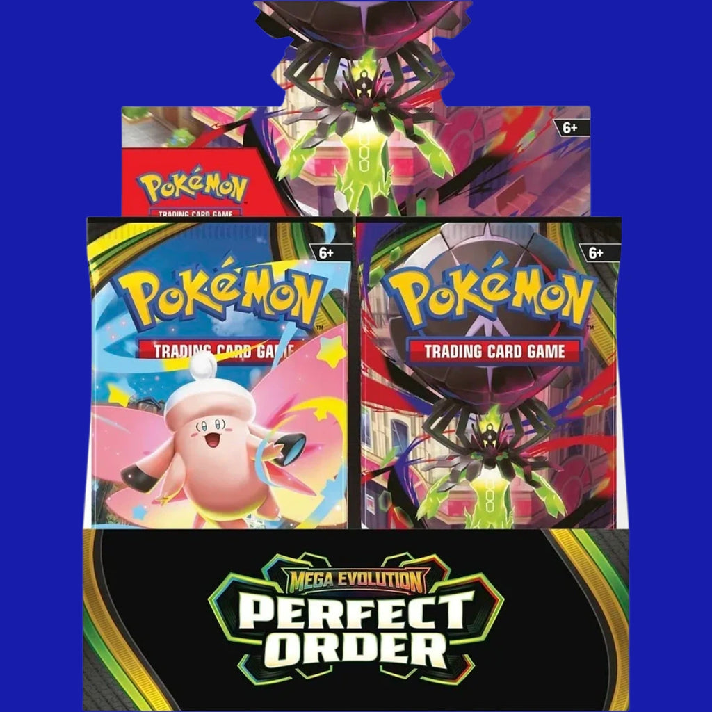 Pokémon TCG Perfect Order booster display front showing sealed packs and Mega Evolution branding