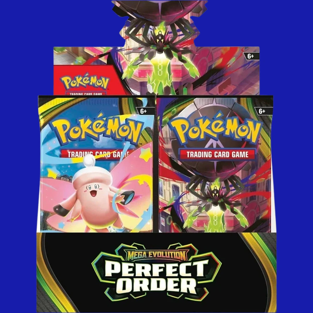 Pokémon TCG Perfect Order booster display front showing sealed packs and Mega Evolution branding