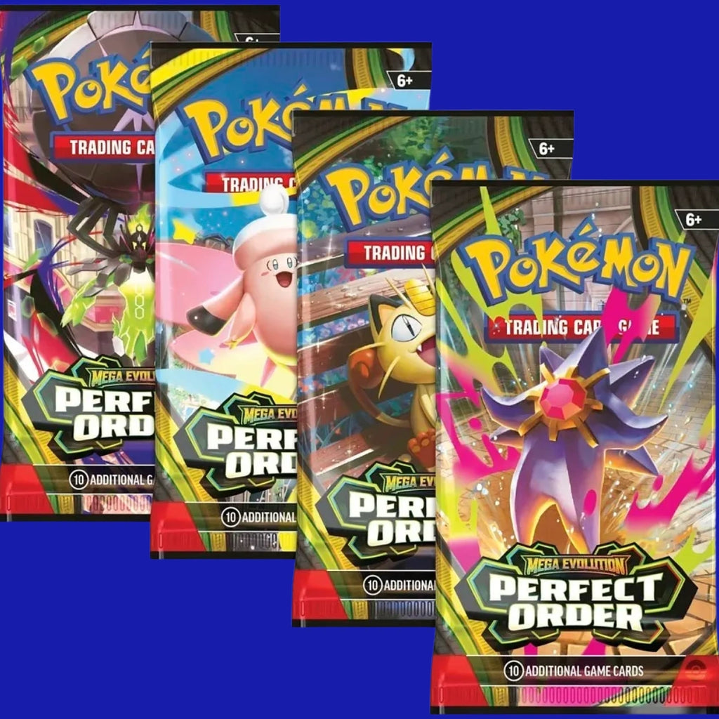 Pokémon TCG Perfect Order booster pack artwork lineup featuring multiple pack designs from the Mega Evolution set