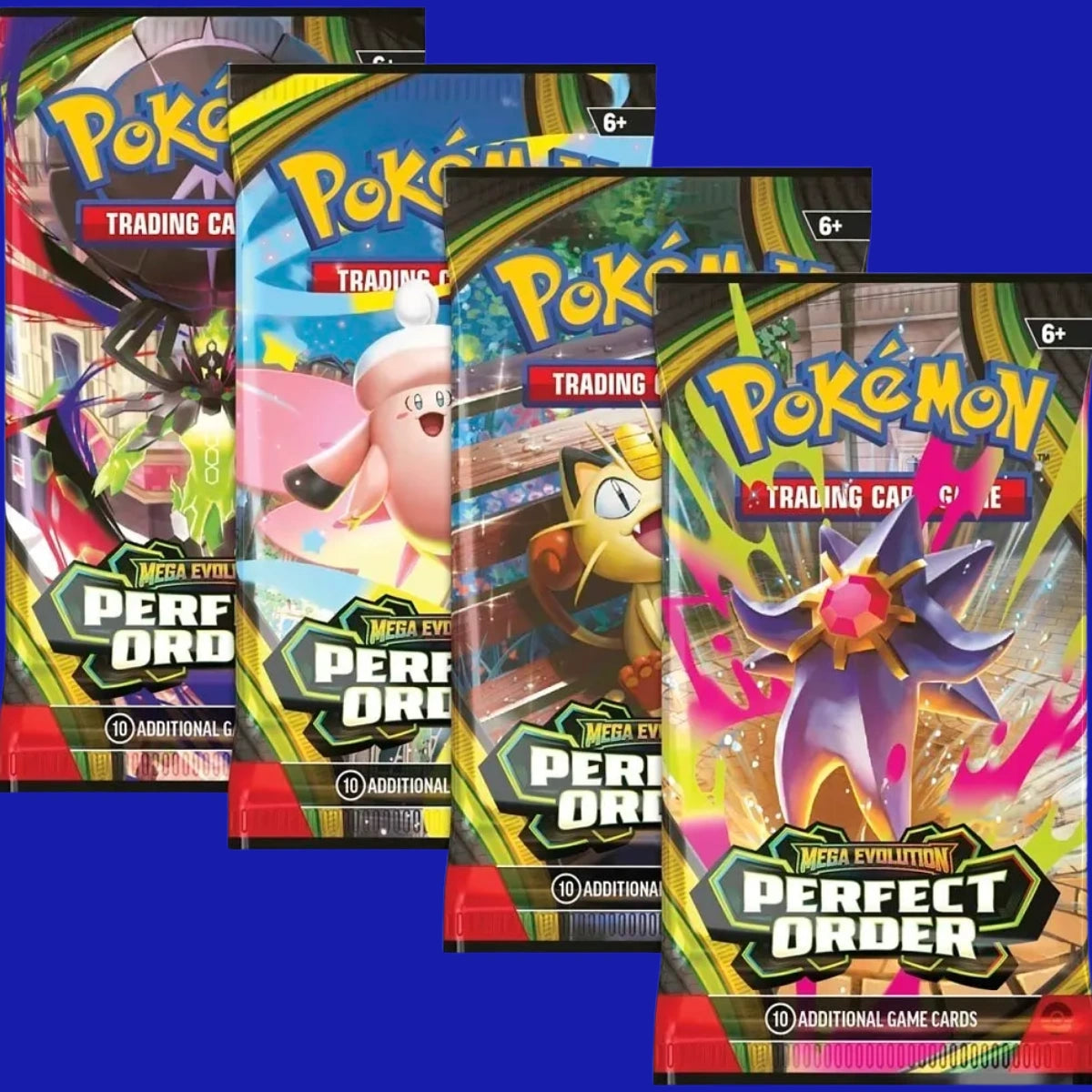 Pokémon TCG Perfect Order booster pack artwork lineup featuring multiple pack designs from the Mega Evolution set
