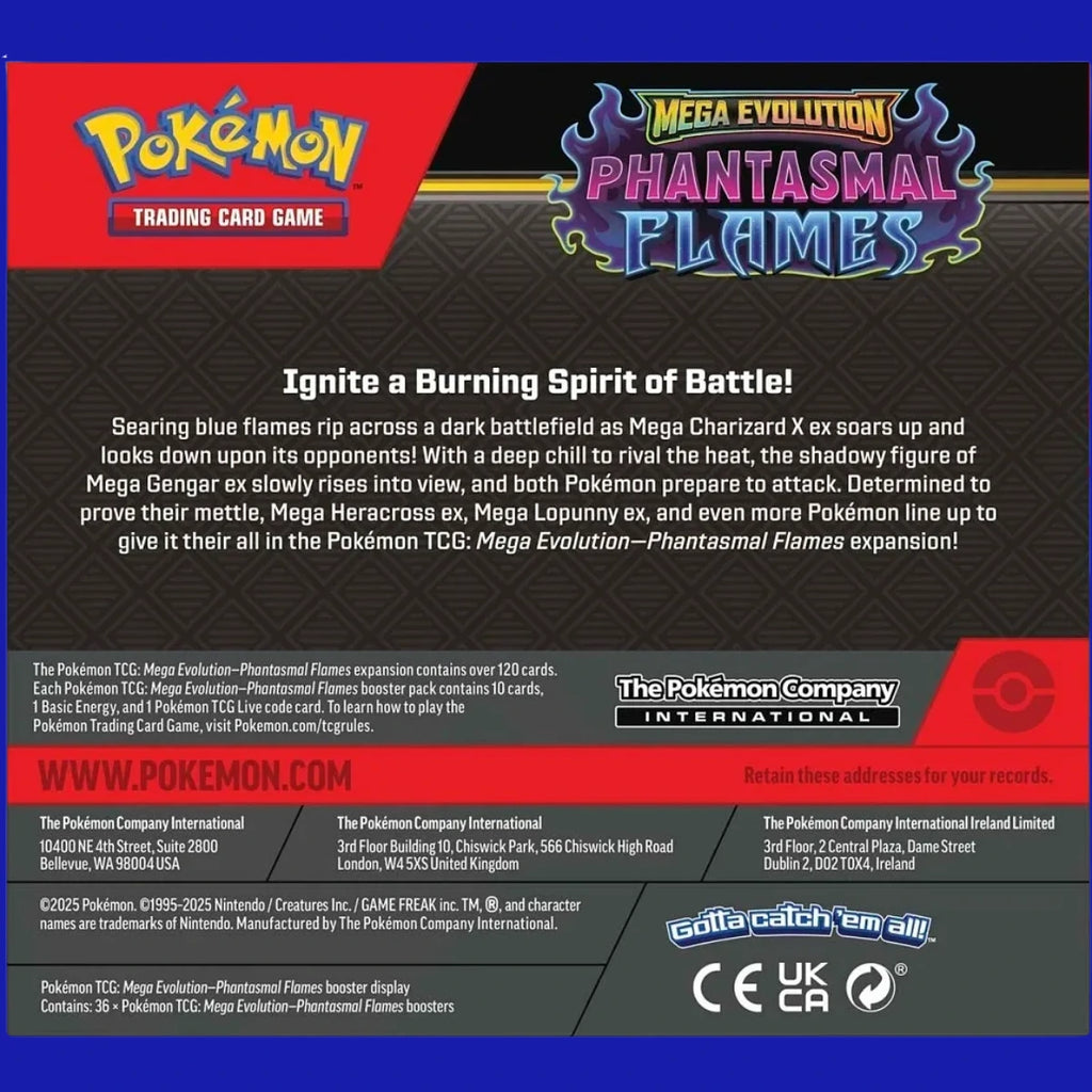 The back of the Pokémon TCG Mega Evolution: Phantasmal Flames booster box, featuring a description of the set, details on card count (10 cards per pack, 36 packs per box, over 120 cards in the expansion), and corporate contact information for The Pokémon Company International.