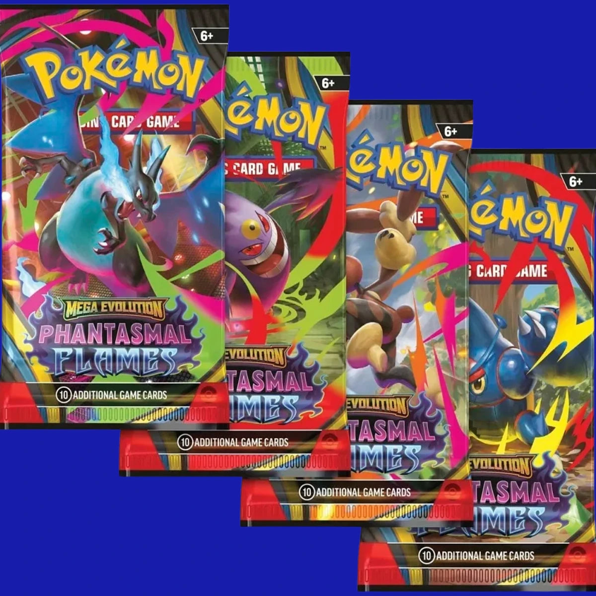 A close-up shot of four different art variations of individual booster packs for the Pokémon TCG Mega Evolution: Phantasmal Flames expansion, showing different Pokémon like Mega Charizard X and Mega Gengar ex.