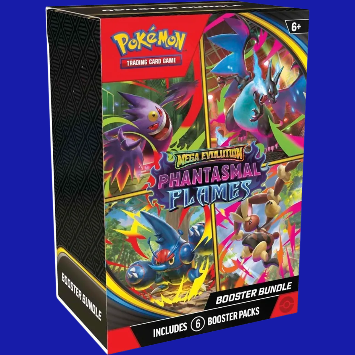Front of a Pokémon TCG: Phantasmal Flames Booster Bundle box featuring artwork of Mega Gengar ex, Mega Charizard ex, Mega Heracross ex, and Mega Lopunny ex. States it includes 6 booster packs.