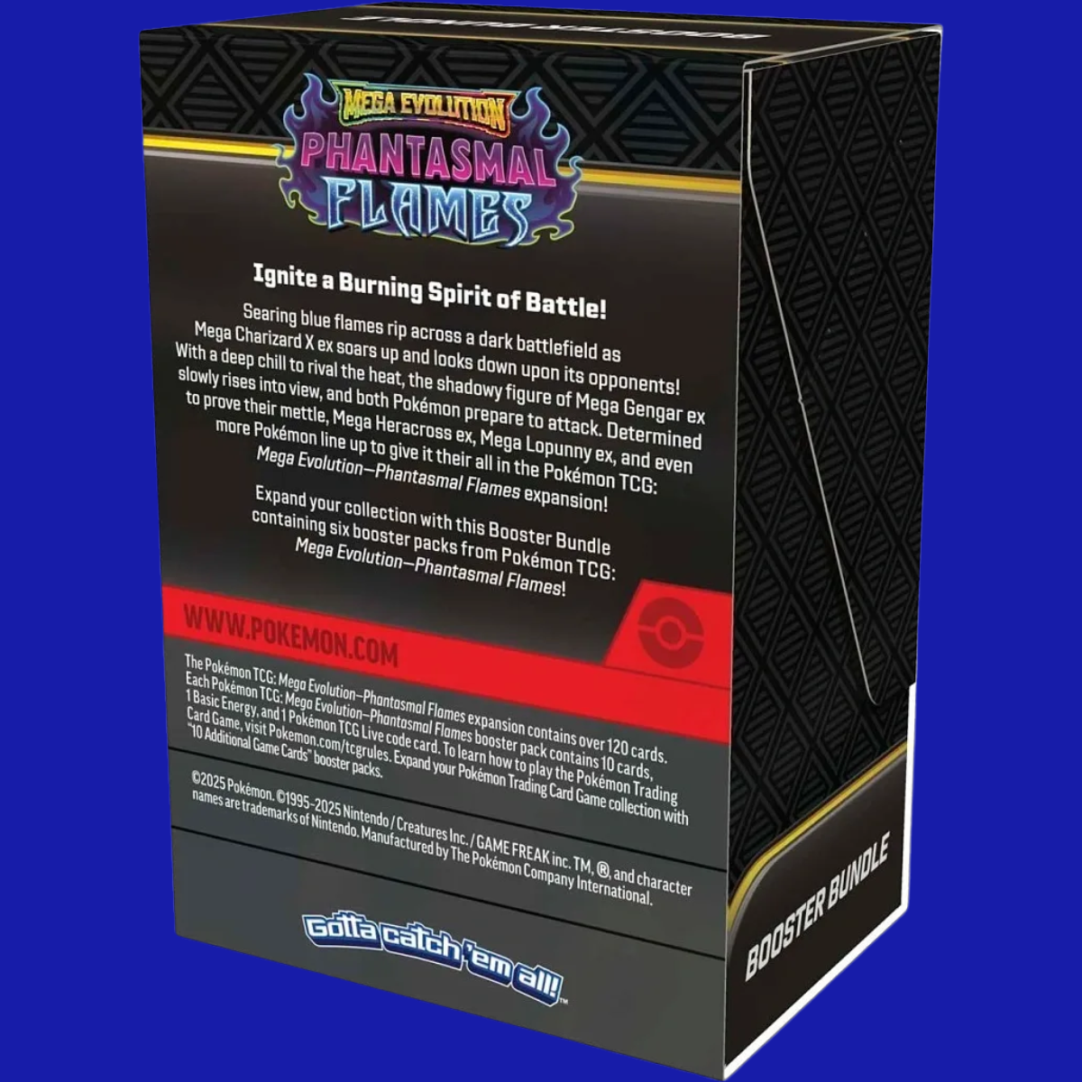 Back of the Phantasmal Flames Booster Bundle box with text describing the Mega Evolution—Phantasmal Flames expansion and confirming six booster packs.