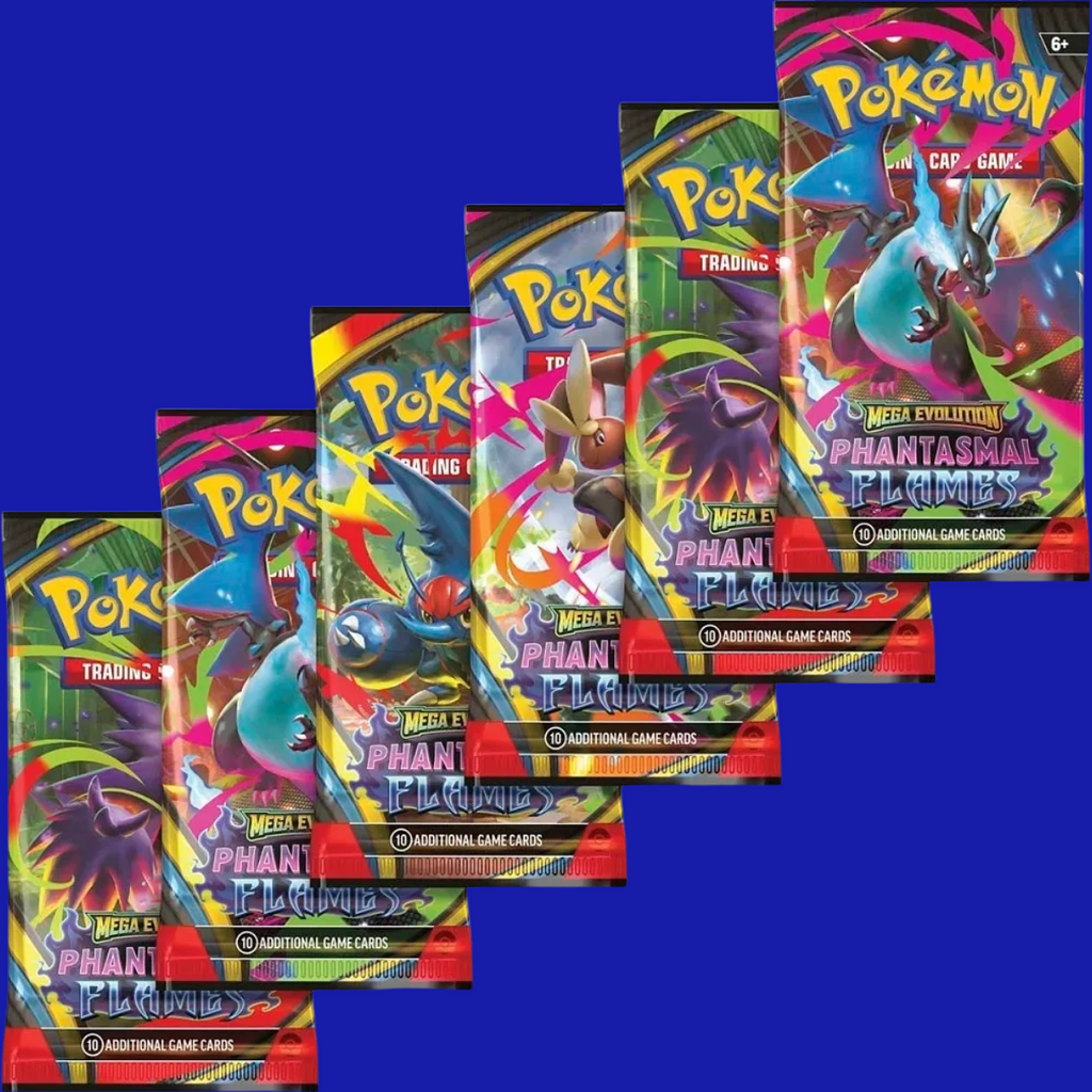 A spread of six individual Pokémon TCG: Phantasmal Flames booster packs, each containing 10 game cards.