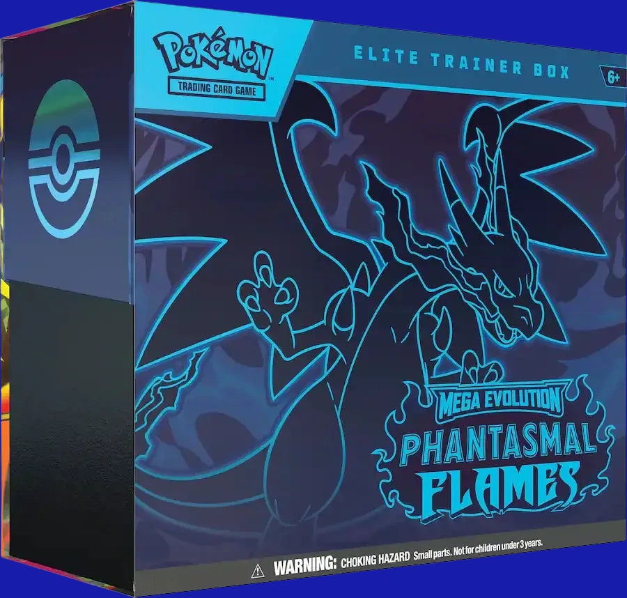 Pokémon TCG: Mega Evolution – Phantasmal Flames Elite Trainer Box featuring Mega Charizard X ex design and blue flame artwork