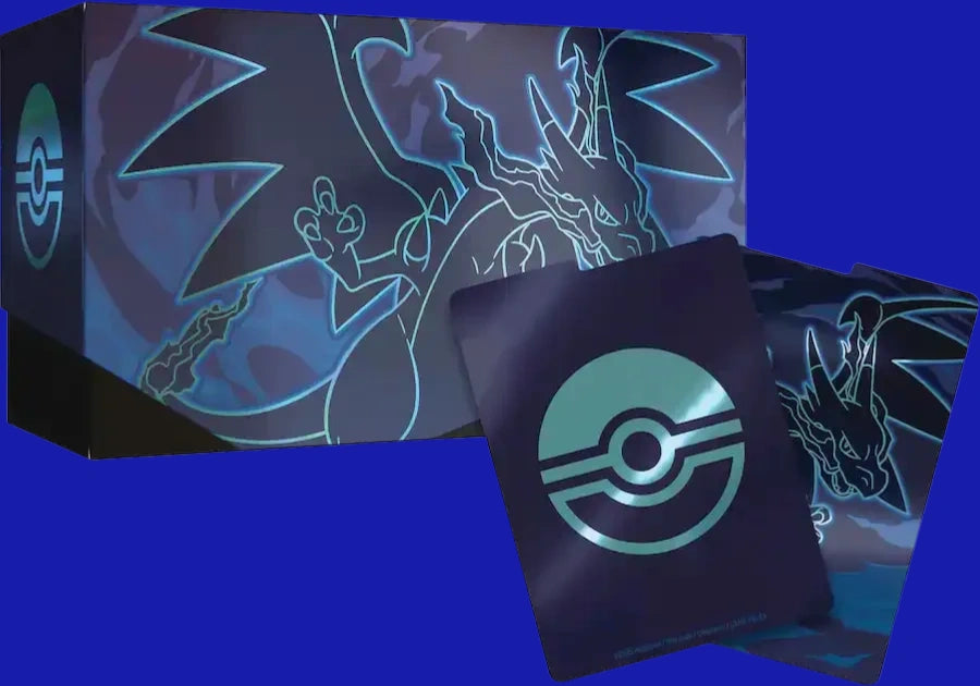 Pokémon TCG: Phantasmal Flames Elite Trainer Box and card sleeves showcasing Mega Charizard X ex with dark and neon blue art