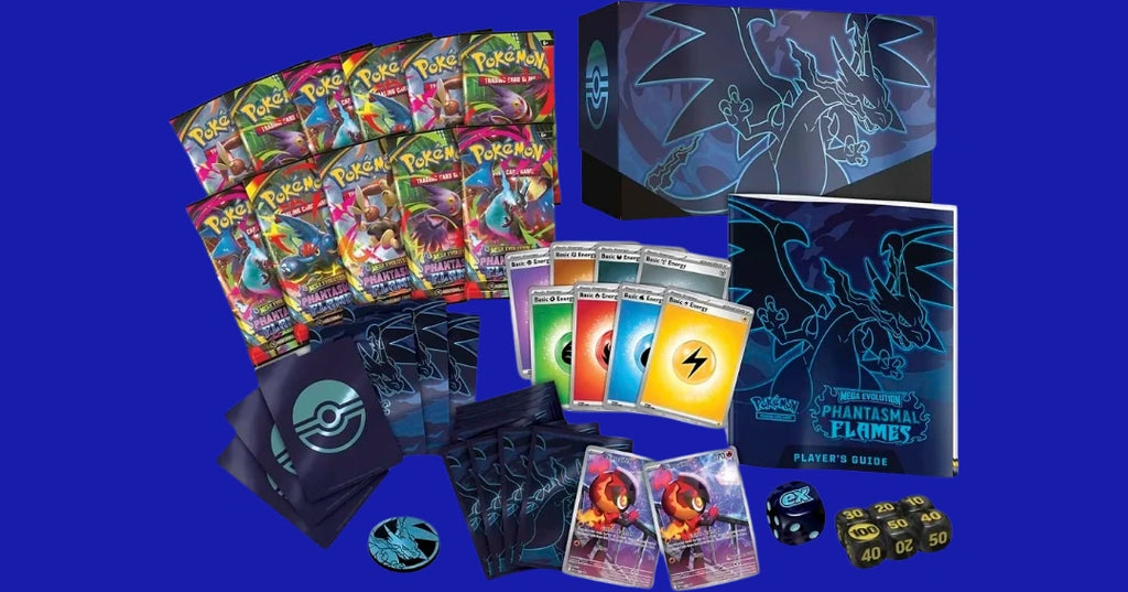Contents of Pokémon TCG: Mega Evolution – Phantasmal Flames Elite Trainer Box including booster packs, promo card, energy cards, dice, and accessories