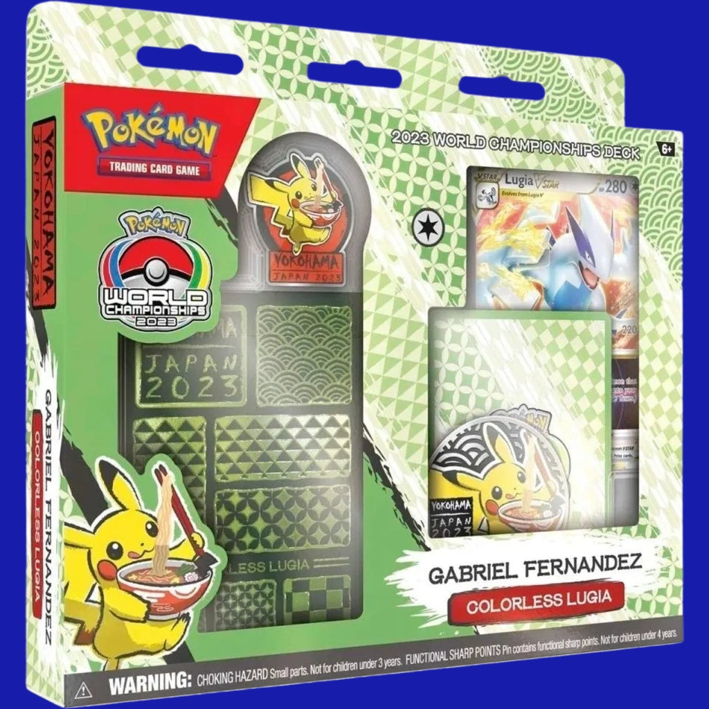 Pokémon TCG 2023 World Championships Deck – Colorless Lugia by Gabriel Fernandez, retail box featuring Yokohama Japan 2023 Pikachu artwork and Lugia VSTAR card visible through window