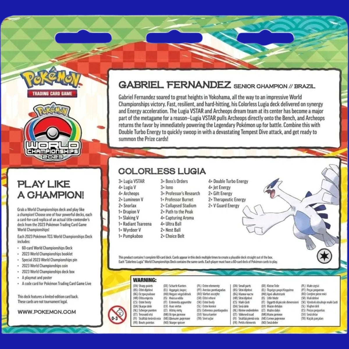 Back of Pokémon TCG 2023 World Championships Deck – Colorless Lugia, listing deck contents, included accessories, and Lugia VSTAR strategy overview