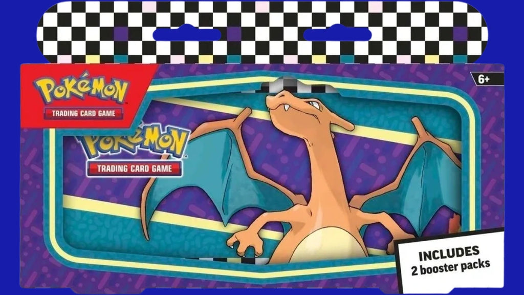 Pokémon TCG Back to School Pencil Case (2024) packaging featuring Charizard artwork on a purple patterned tin, includes two Pokémon booster packs.
