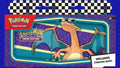 Pokémon TCG Back to School Pencil Case (2024) packaging featuring Charizard artwork on a purple patterned tin, includes two Pokémon booster packs.