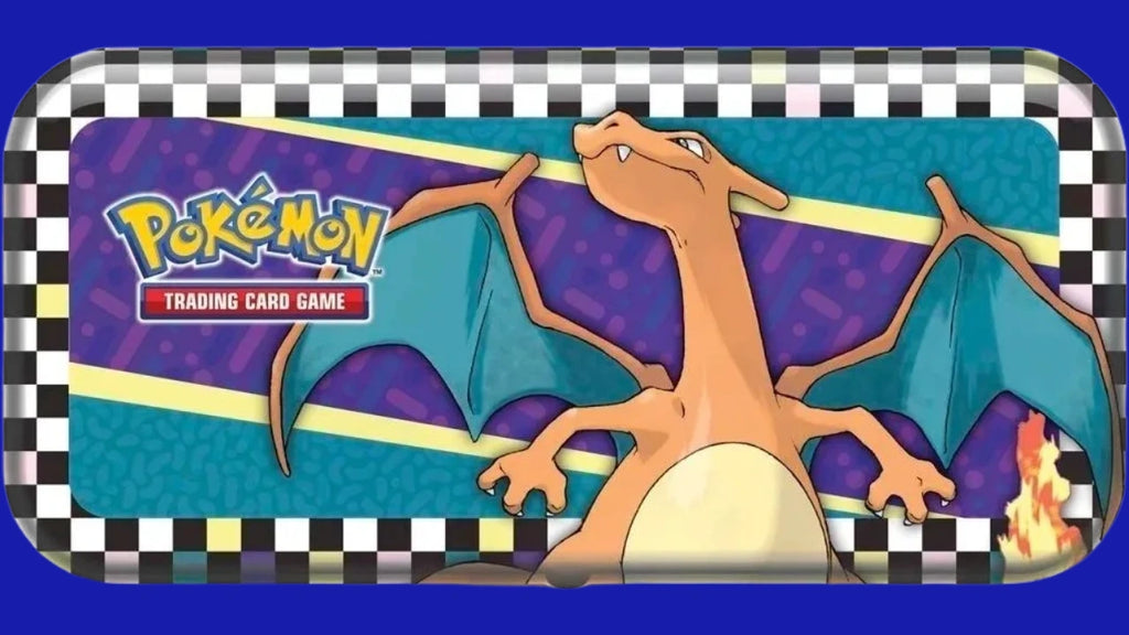 Pokémon TCG metal pencil case featuring Charizard with wings spread against a teal and purple background, bordered by a black-and-white checker pattern.