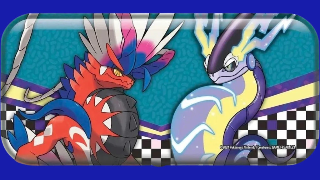Pokémon TCG Back to School pencil case artwork showing Koraidon and Miraidon facing each other on a teal background with a black-and-white checkered border.