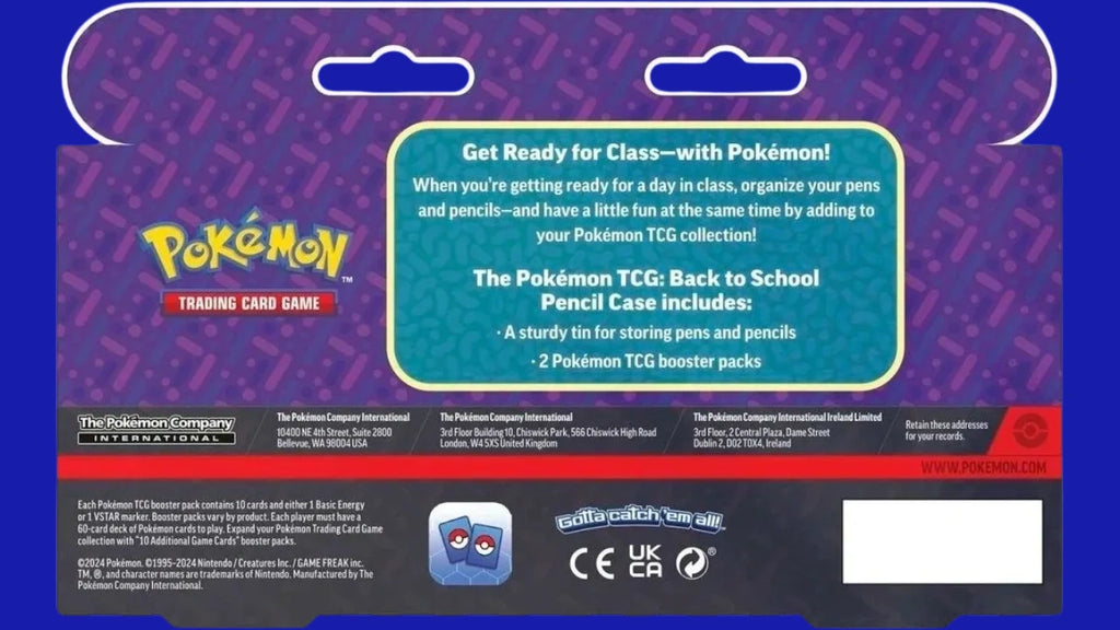 Back of Pokémon TCG Back to School Pencil Case (2024) packaging listing contents including a metal pencil case and two Pokémon TCG booster packs