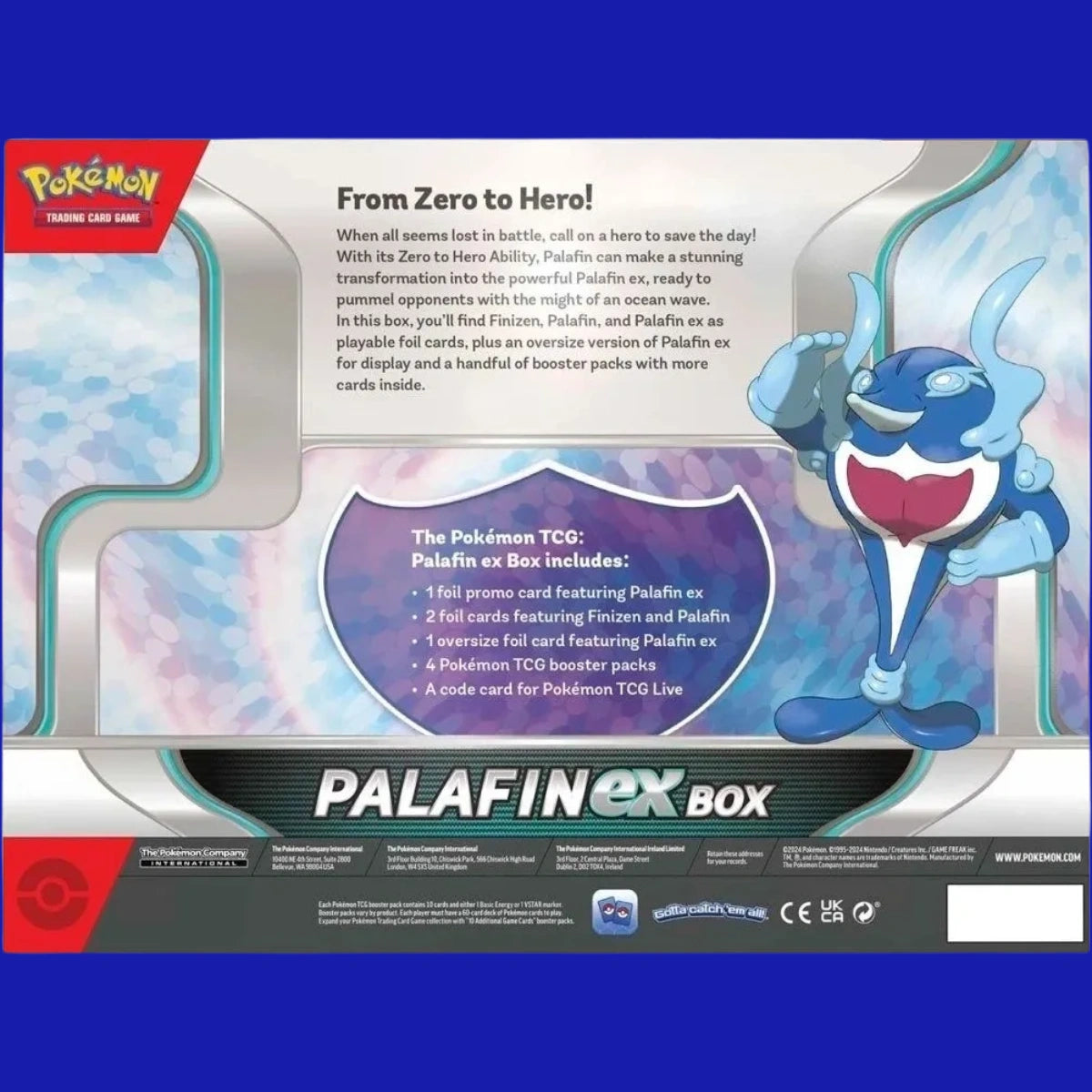 Back of Pokémon TCG Palafin ex Box showing product description, contents list, and Palafin character artwork