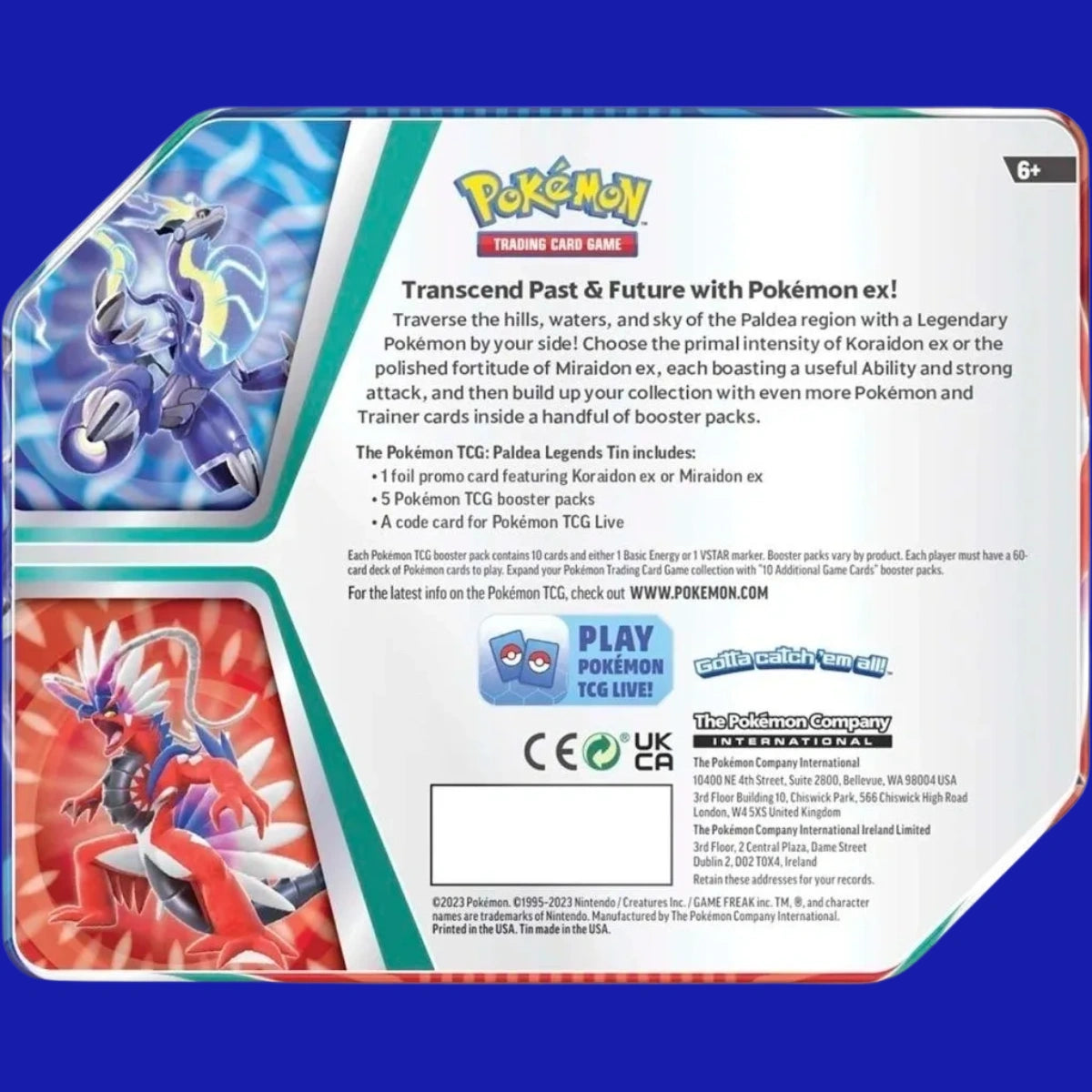 Back of Pokémon TCG Paldea Legends Tin showing product description, contents list, and Pokémon TCG Live branding.