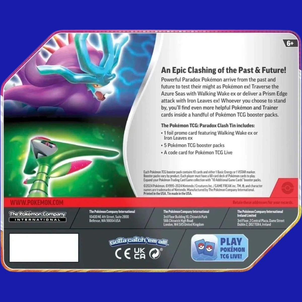 Back of Pokémon TCG Paradox Clash Walking Wake Tin with product description, included contents list, and Walking Wake and Iron Leaves artwork.