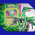 Pokémon TCG Paradox Clash Tin featuring Iron Leaves ex artwork with a green futuristic design and foil promo card displayed on the front.