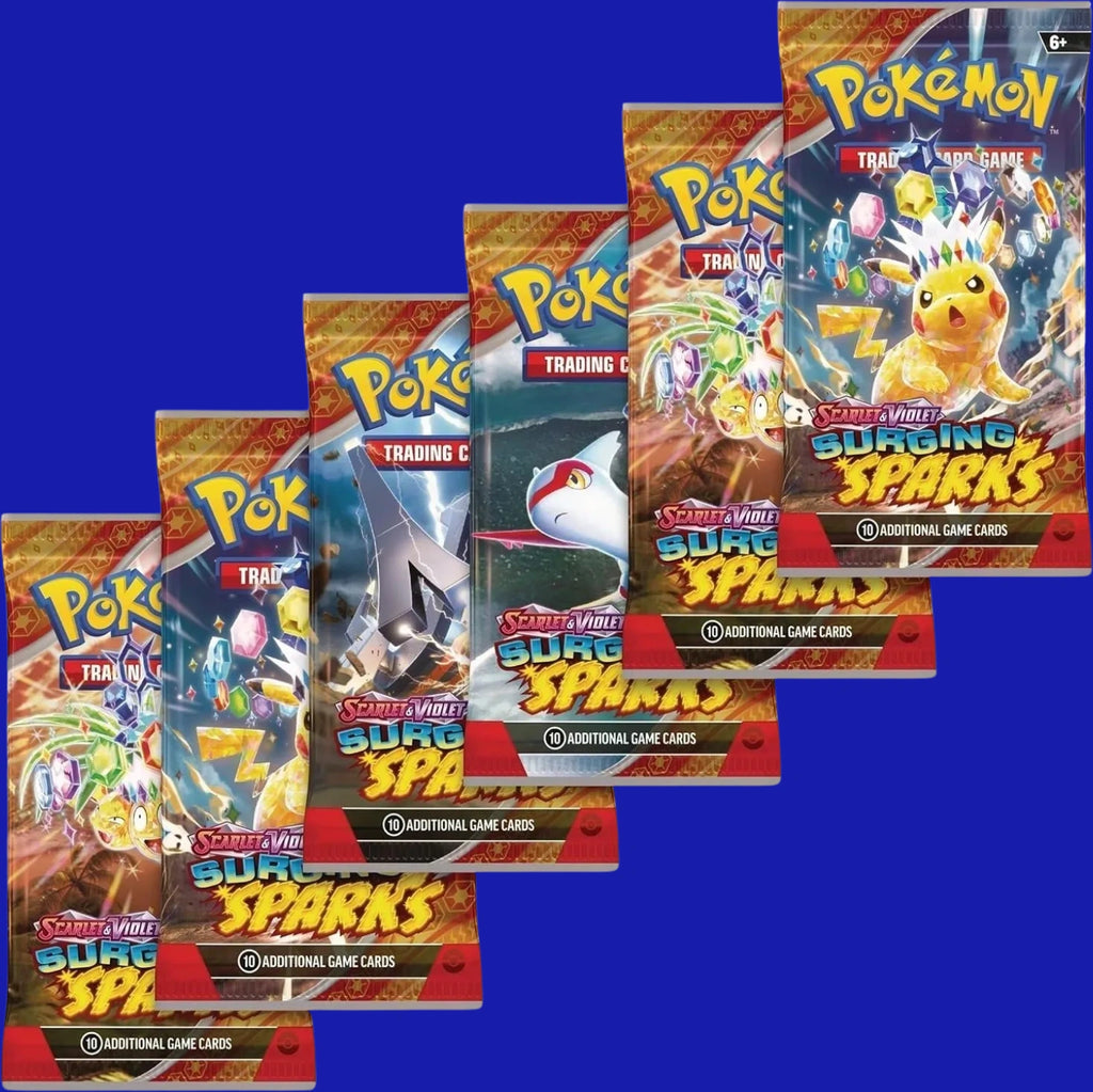 Six Pokémon TCG Scarlet & Violet Surging Sparks booster packs displayed in a fan layout
