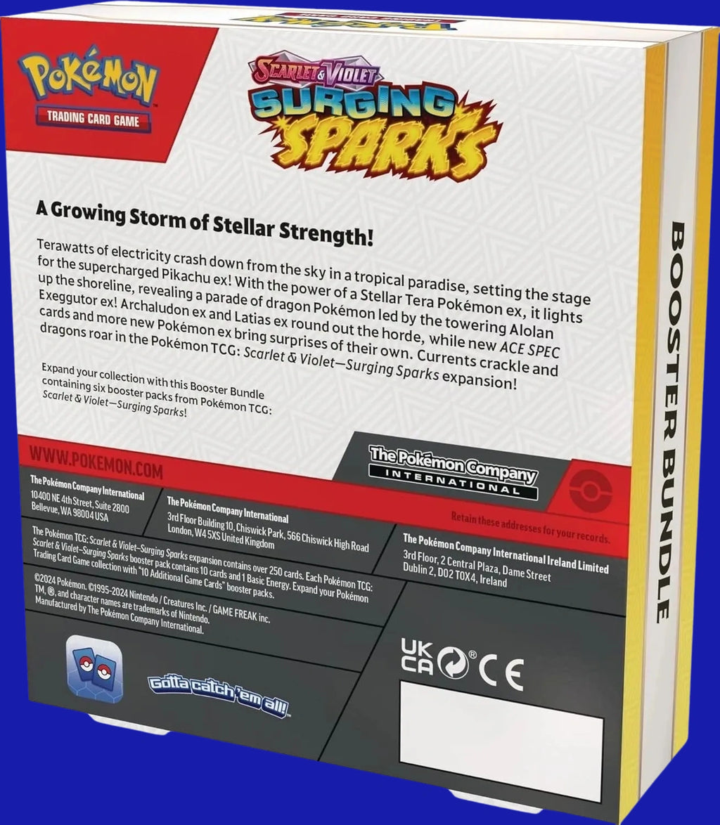 Back of Pokémon TCG Scarlet & Violet Surging Sparks Booster Bundle box showing product description, contents, and manufacturer information