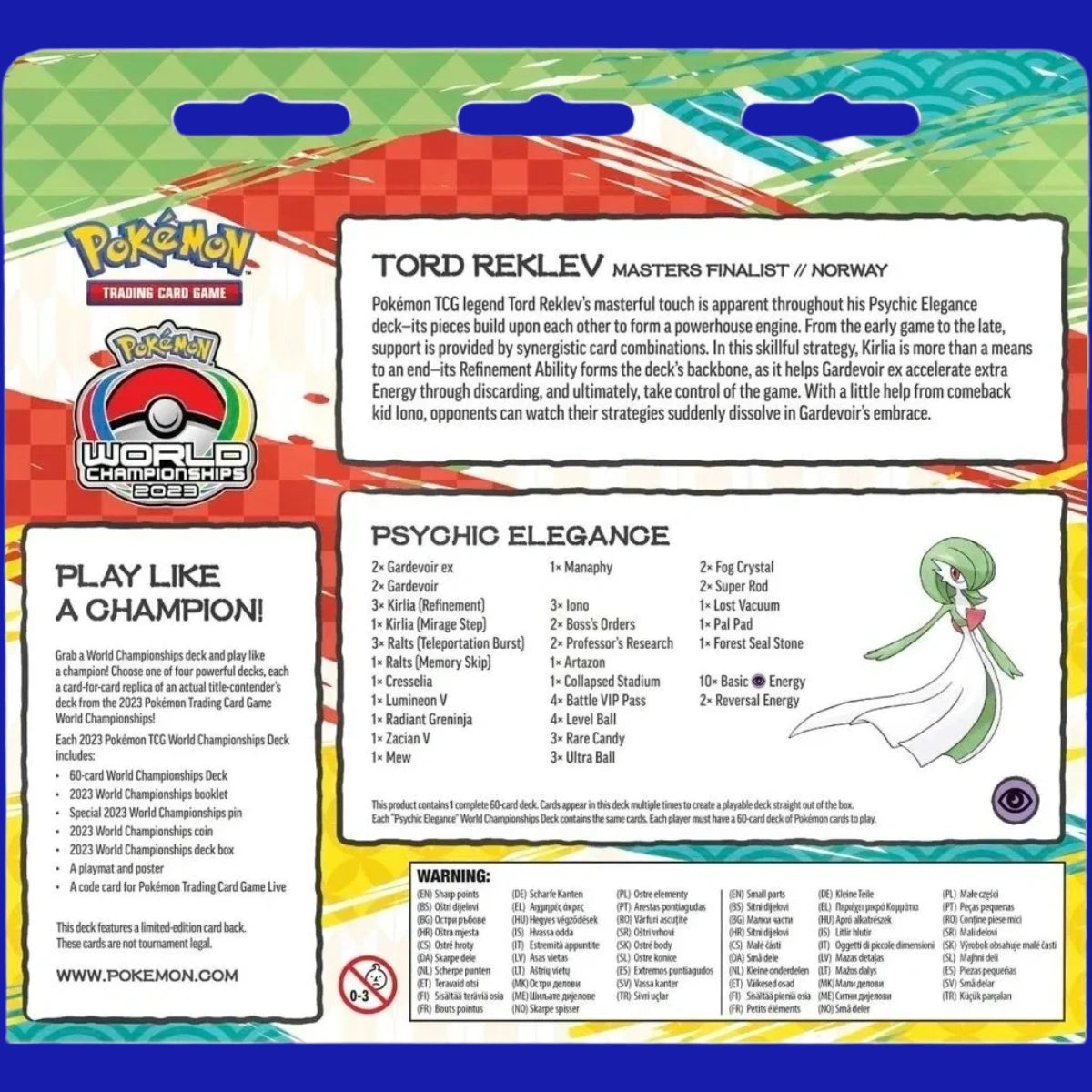 Back of Pokémon TCG 2023 World Championships Deck Psychic Elegance showing deck list, contents, and play-like-a-champion information