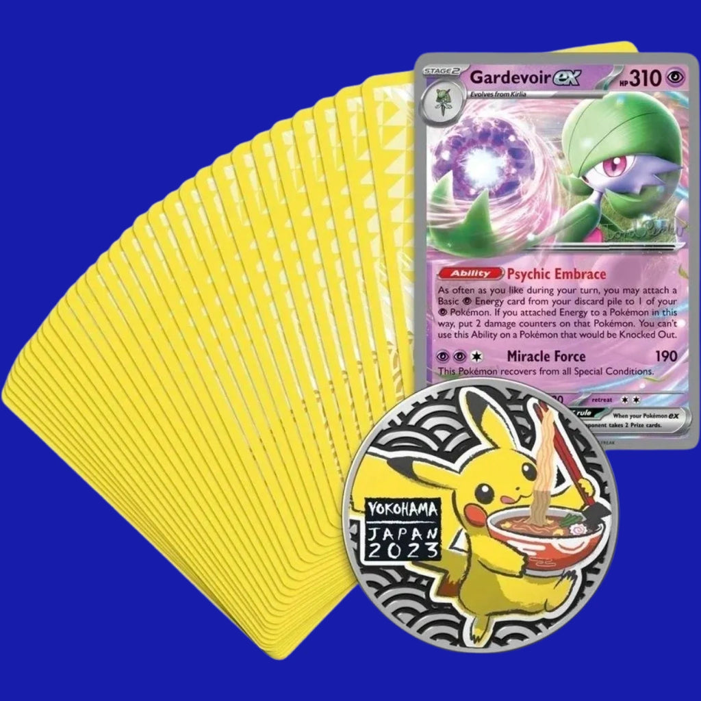 Pokémon TCG Psychic Elegance World Championships deck contents featuring Gardevoir ex, yellow card backs, and Yokohama 2023 Pikachu pin