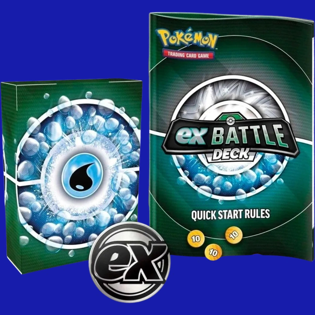 Pokémon TCG ex Battle Deck Greninja ex accessories including Water-type deck box, Quick Start Rules booklet, and metallic ex coin.