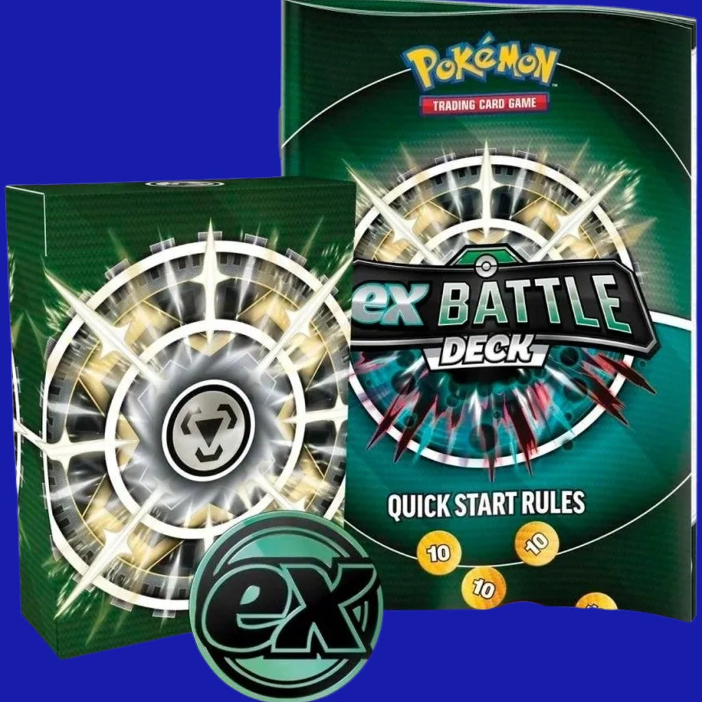 Pokémon TCG ex Battle Deck Melmetal ex accessories including deck box, quick start rules booklet, damage counters, and metallic coin.