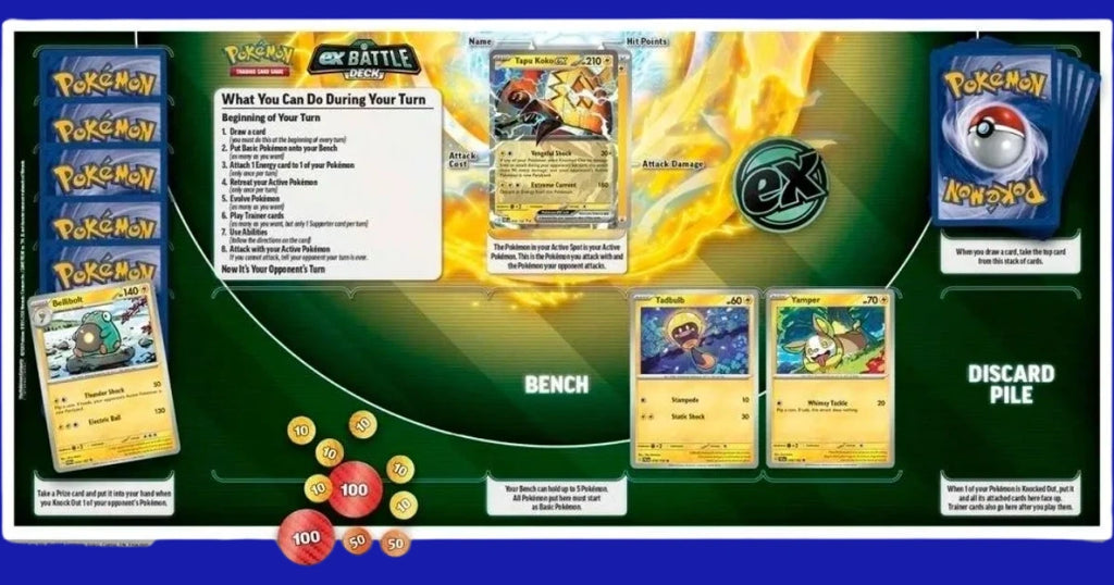Pokémon TCG Tapu Koko ex Battle Deck gameplay layout showing playmat, Tapu Koko ex card, damage counters, and bench setup