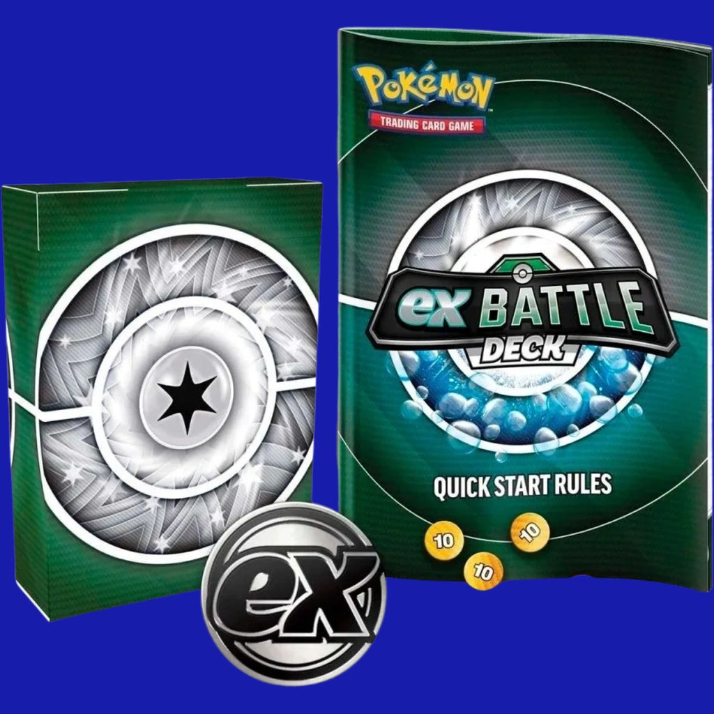 Pokémon TCG ex Battle Deck Kangaskhan ex contents including deck box, Quick Start Rules booklet, metallic coin, and damage counters.