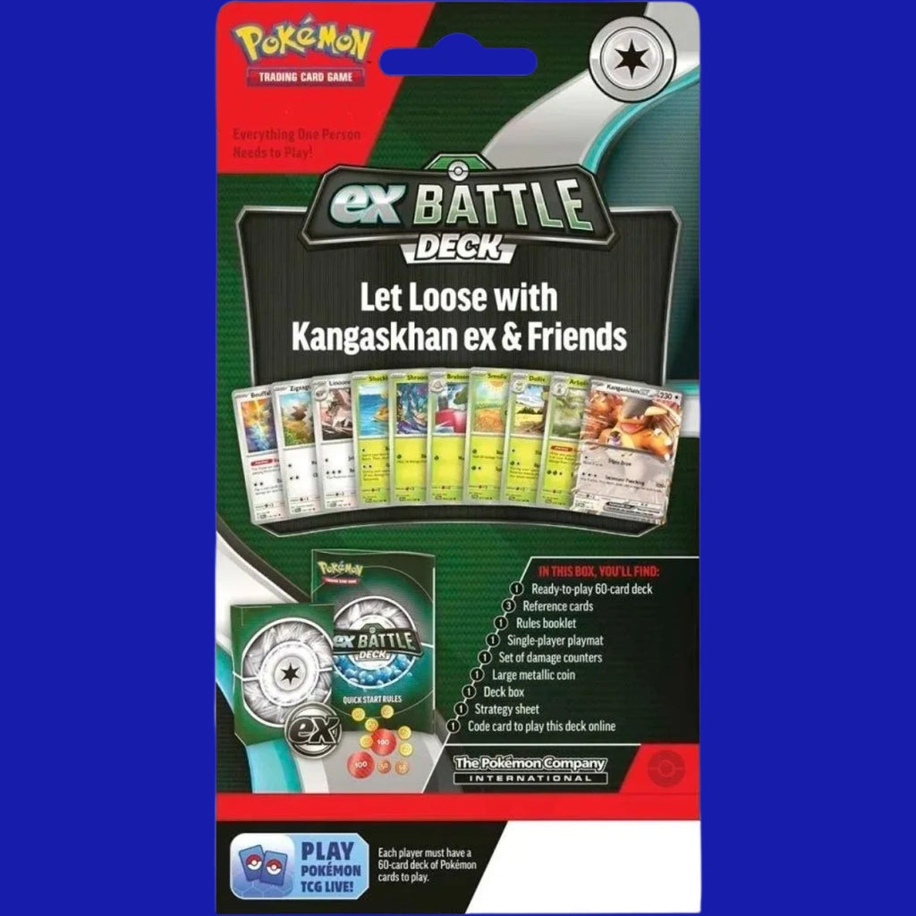 Pokémon TCG ex Battle Deck Kangaskhan ex retail box back listing contents, included cards, and play accessories.